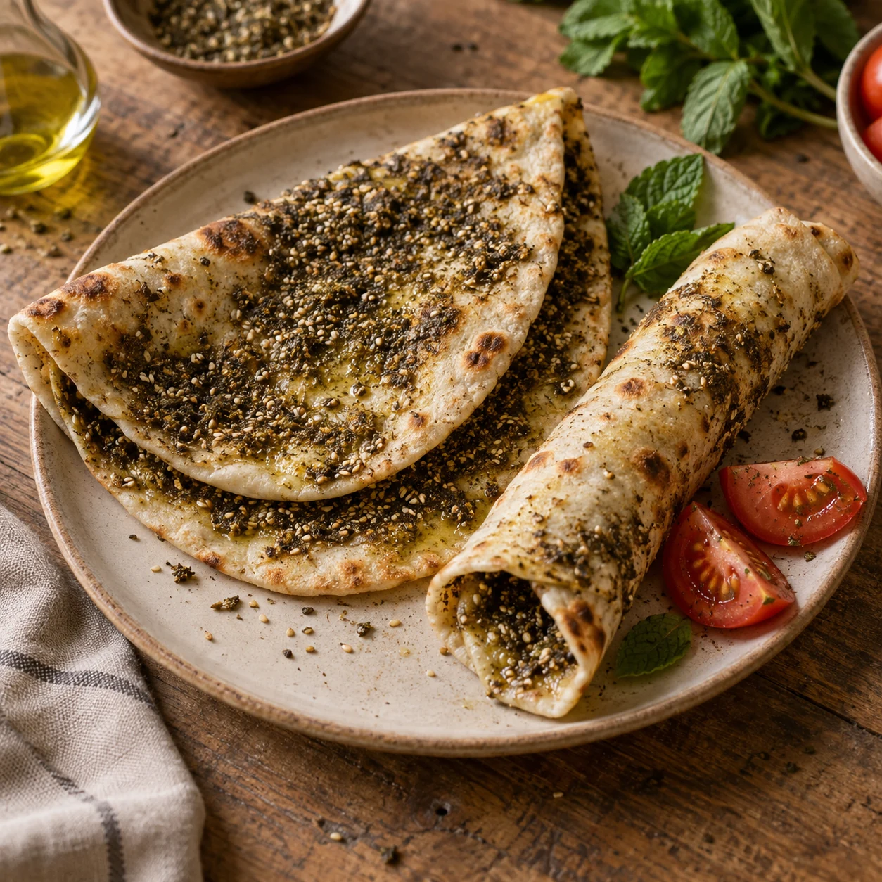Folded and rolled za’atar manoushe with fresh mint and tomato on a ceramic plate